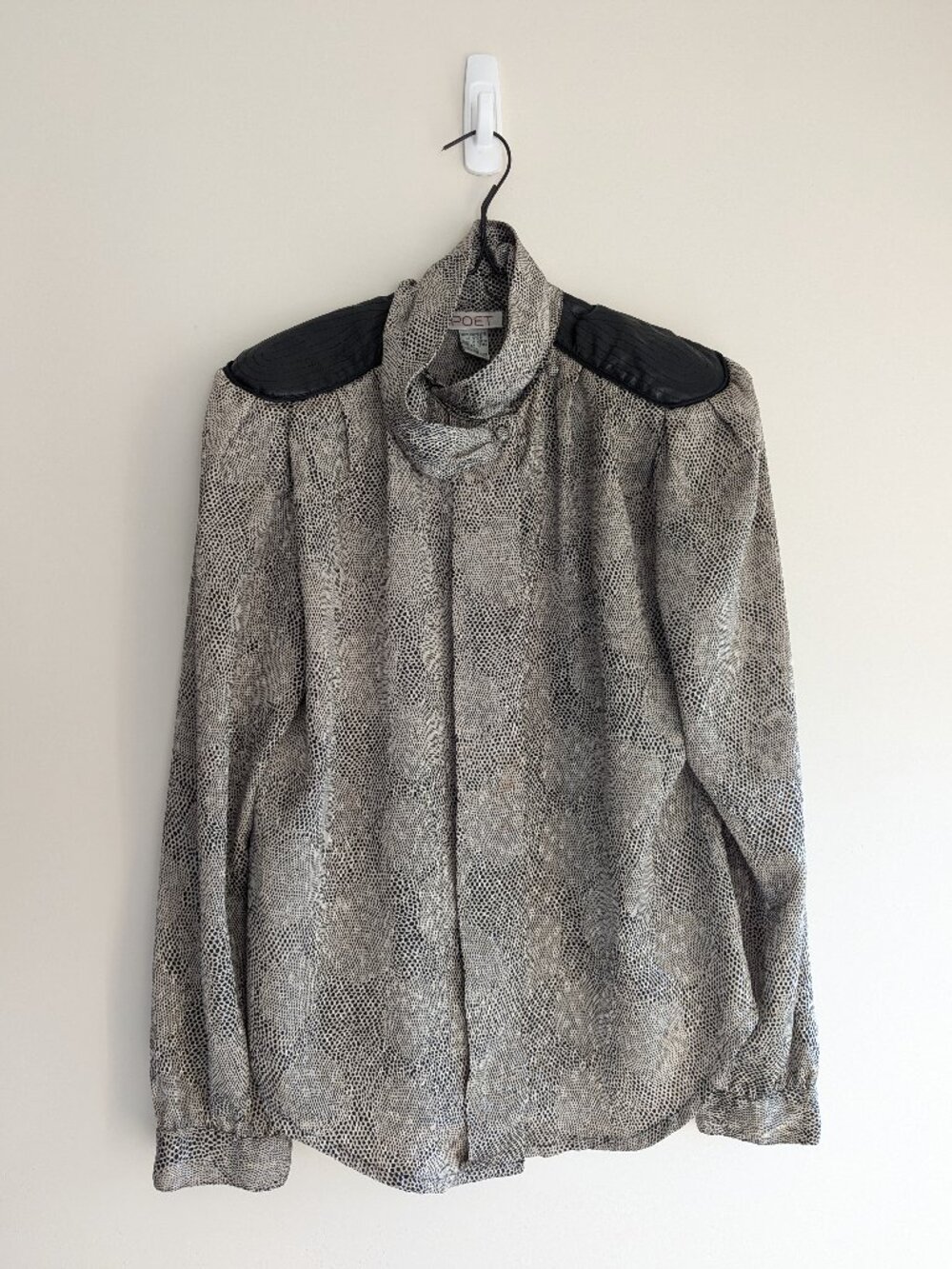 Vintage abstract print button up blouse with faux leather shoulder detail